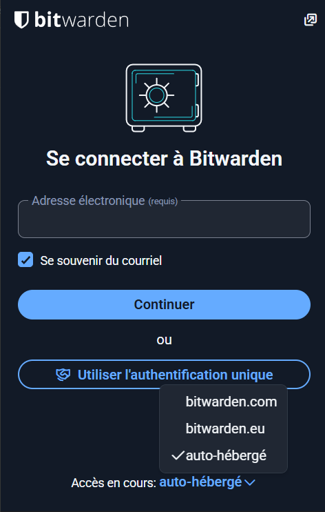 Extension Bitwarden – menu Accès en cours