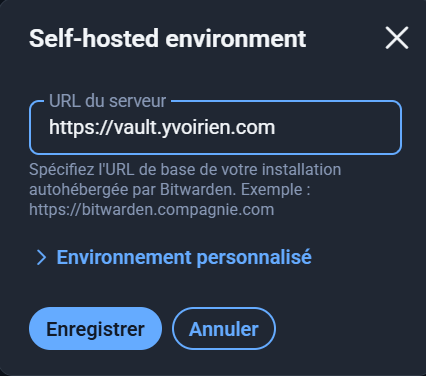 Extension Bitwarden – champ URL du serveur